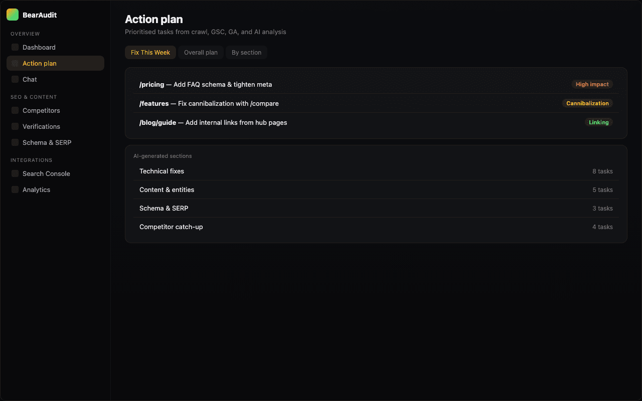 BearAudit action plan with AI-generated prioritised tasks