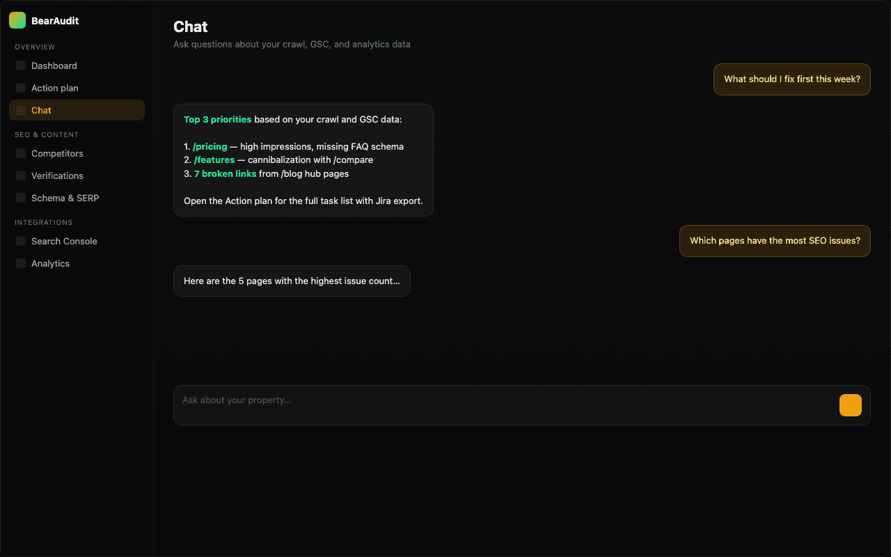 BearAudit chat answering what to fix first based on crawl data
